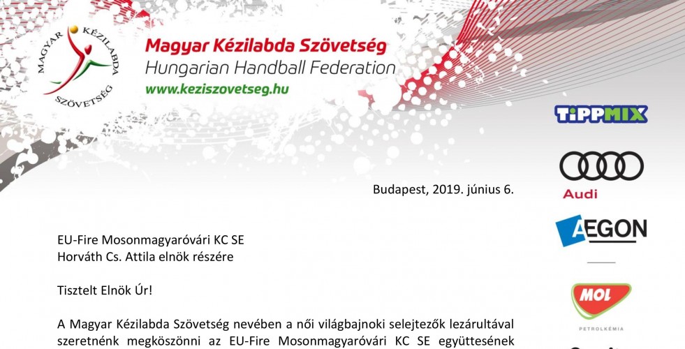 Levelet kaptunk a Magyar Kézilabda Szövetségtől